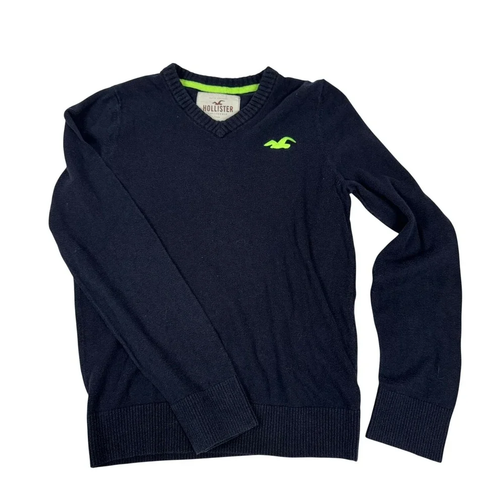 Y2K Hollister Navy V Neck Sweater Neon Logo Size M